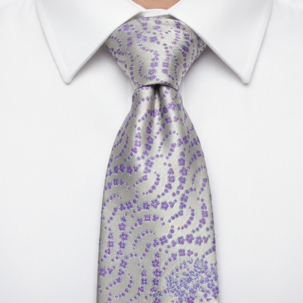 Gattonero All Silk Tie Silver Purple Floral Paisley Handmade in Italy